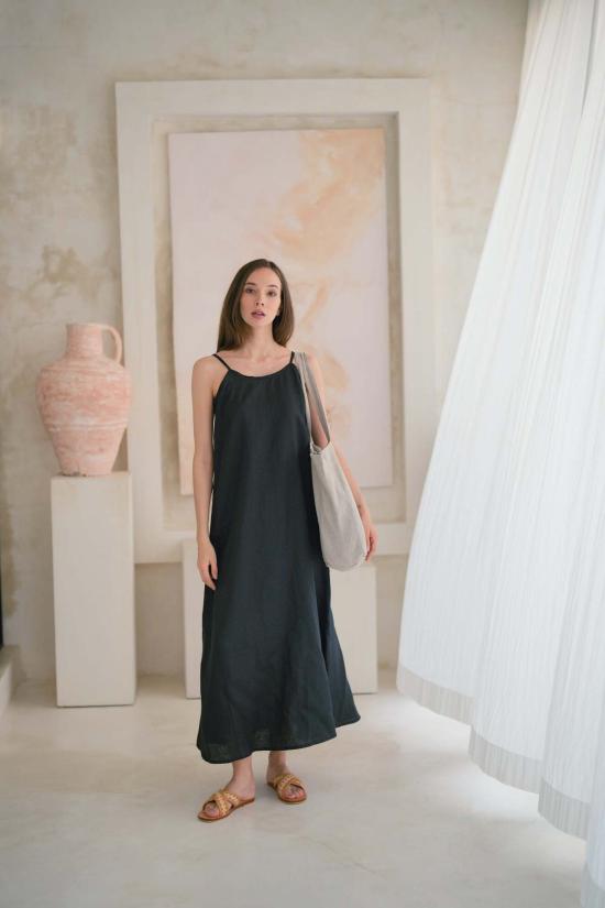  핑크 헤일리 롱 원피스 마야 린넨 드레스 블랙 - PINK HALEY