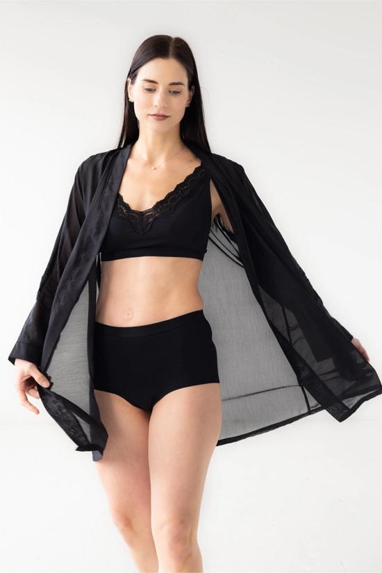  Salua Lingerie 라운지 웨어 살루아 란제리 클래식 코튼 실크 숏 로브 펄/블랙 - SALUA LINGERIE