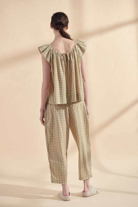  아멘테 블라우스 러플 탑 내추럴 깅엄 - AMENTE