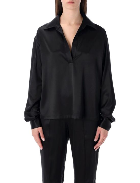  톰포드 긴팔 티셔츠 톰 포드 실크 새틴 폴로 셔츠 (톤온톤 TF 로고, 블랙)