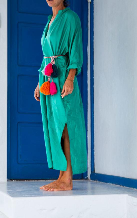  투 롱 원피스 실크 메탈릭 핀스트라이프 롱 카프탄 그린 - TWO