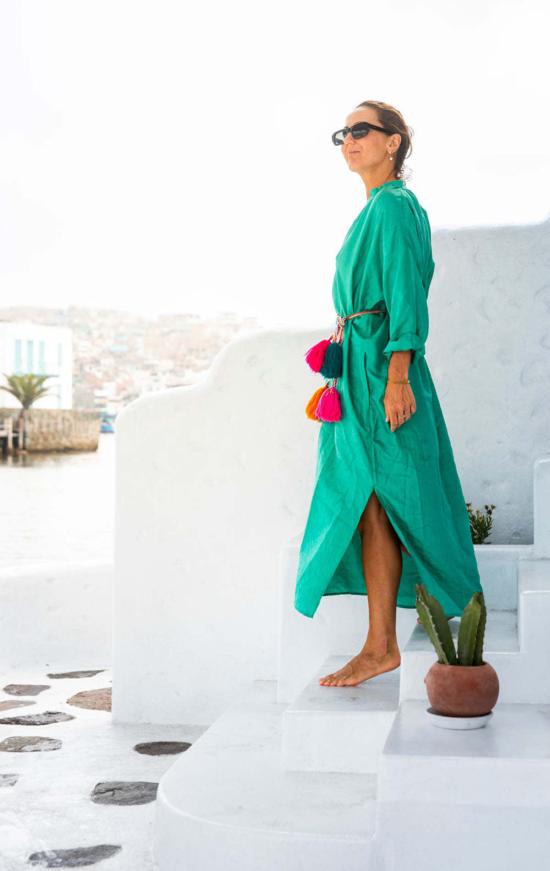  투 롱 원피스 실크 메탈릭 핀스트라이프 롱 카프탄 그린