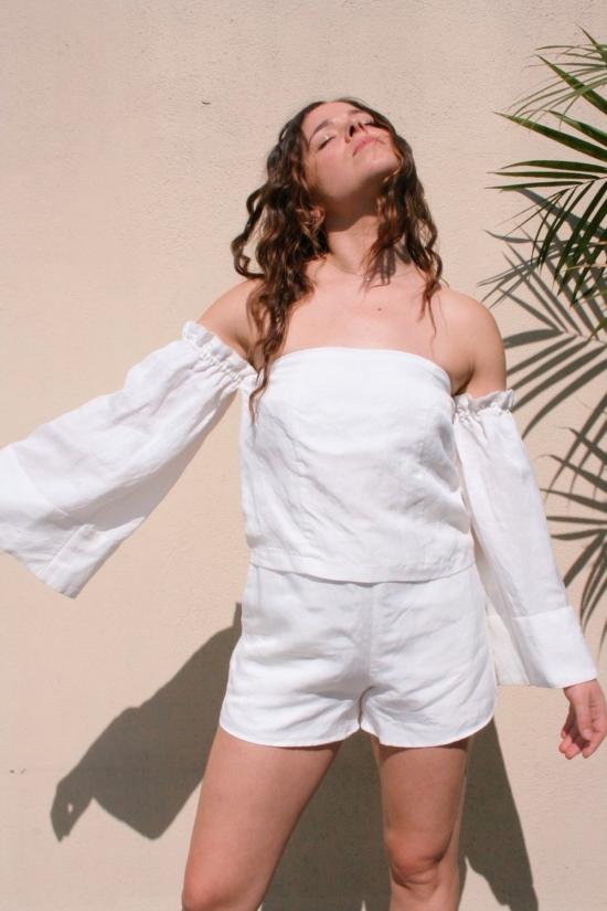  Sir The Label 민소매 티셔츠 벨 슬리브 린넨 탑 펄 화이트