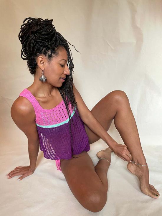  아바카시 민소매 티셔츠 컬러블록 요크 니트 탑 - ABACAXI