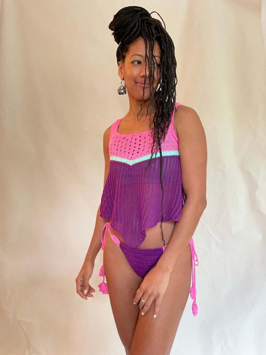  아바카시 민소매 티셔츠 컬러블록 요크 니트 탑 - ABACAXI