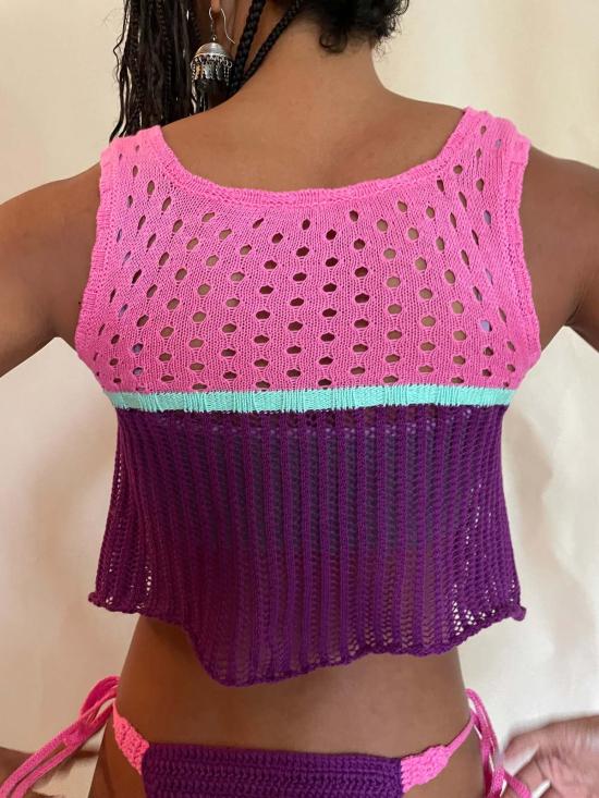  아바카시 민소매 티셔츠 컬러블록 요크 니트 탑 - ABACAXI