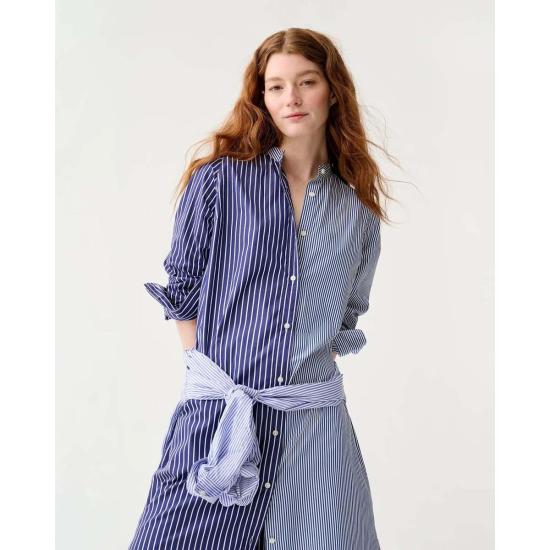  매쉬번 롱 원피스 만다린 탈리타 셔츠드레스 네이비/화이트 믹스 스트라이프 포플린 - MASHBURN