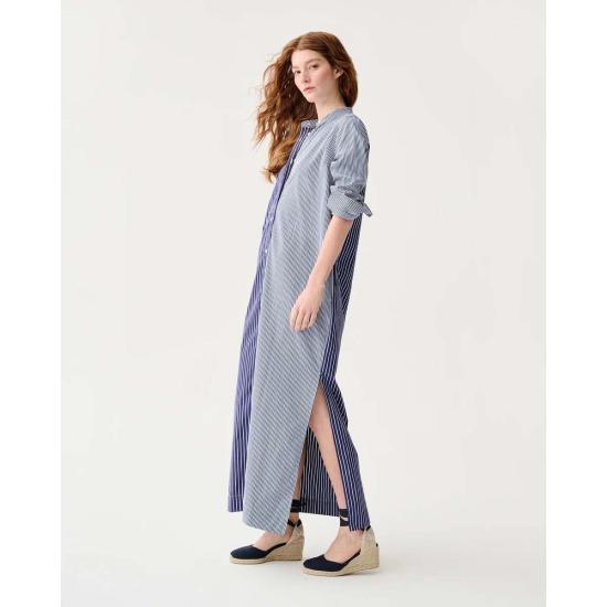  매쉬번 롱 원피스 만다린 탈리타 셔츠드레스 네이비/화이트 믹스 스트라이프 포플린 - MASHBURN
