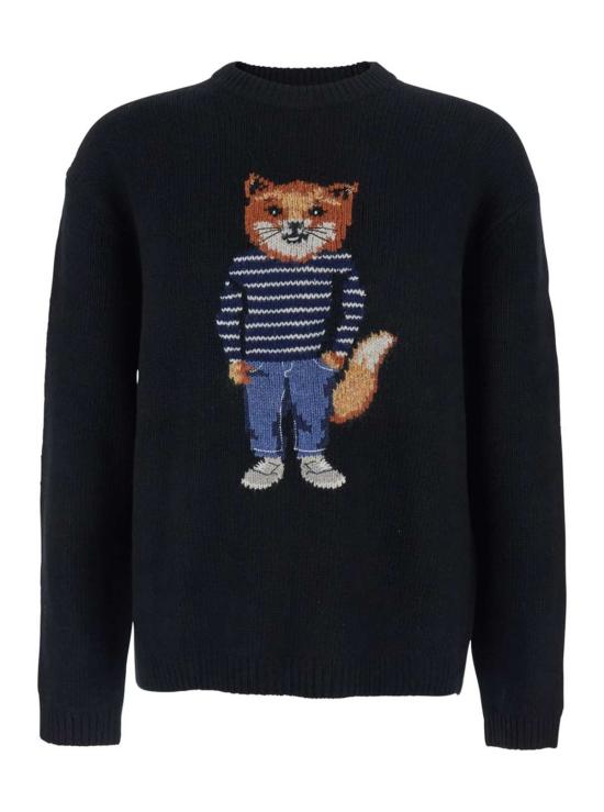  메종키츠네 스웨터 메종 키츠네 블랙 크루넥  (로고 자수, 울 혼방 소재)