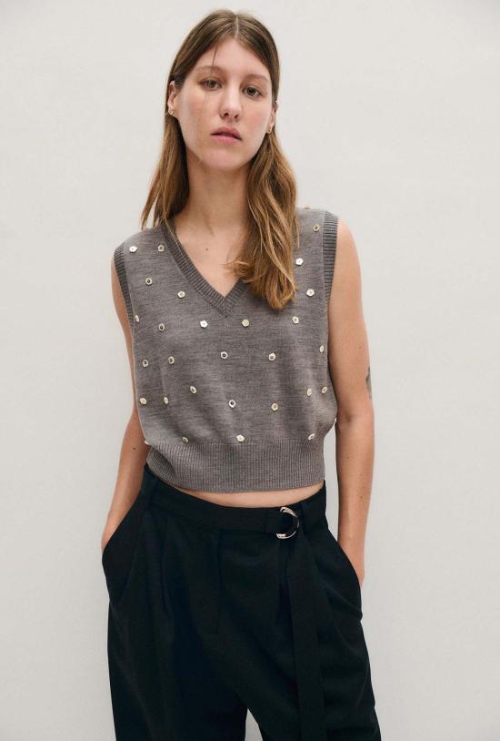  실크 런드리 베스트 실크 세탁 브이넥 스웨터 조끼 진주 - SILK LAUNDRY