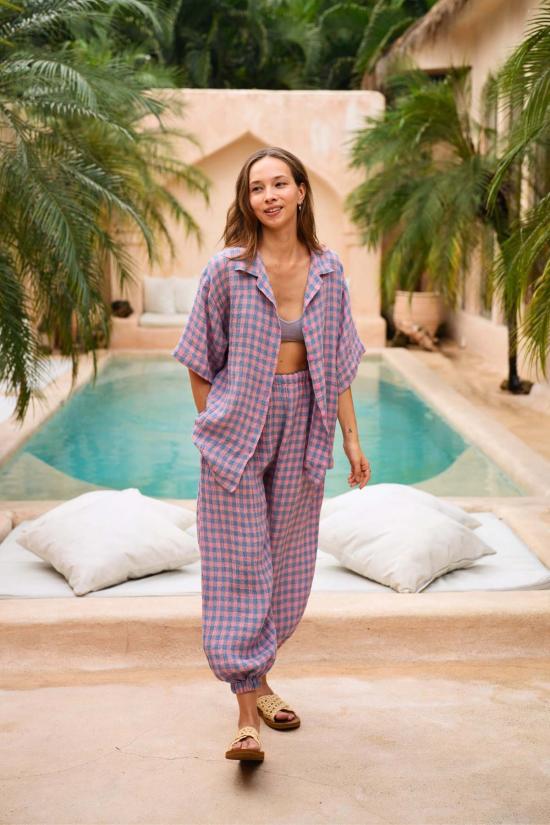  Pink Haley 스트레이트 팬츠 핑크 헤일리 바네사 린넨 깅엄 벌룬 팬츠 - OTHER BRANDS