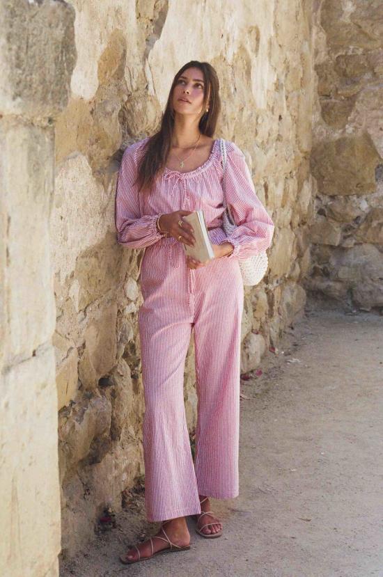  메릿 찰스 민소매 티셔츠 에바 매칭 세트 레드/화이트 핀스트라이프