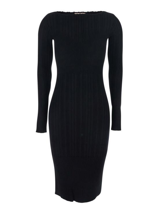  트윈셋 롱 원피스 롱 드레스 (보트넥, 골지 디자인, 블랙)