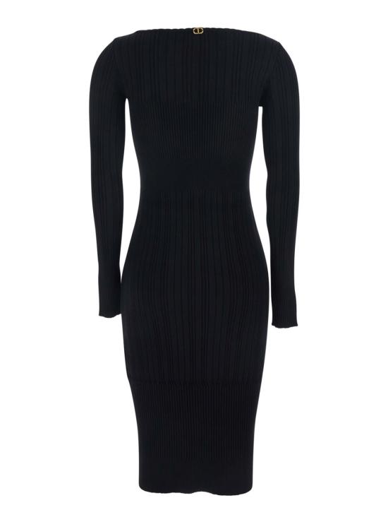  트윈셋 롱 원피스 롱 드레스 (보트넥, 골지 디자인, 블랙) - TWINSET