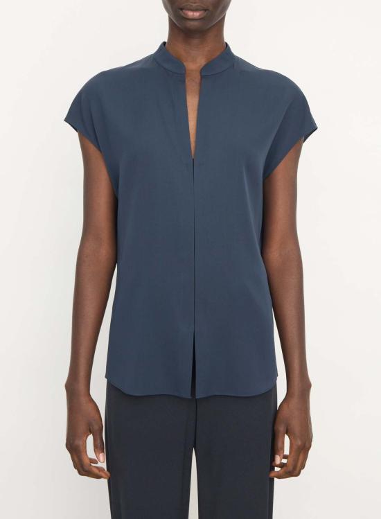  빈스 블라우스 캡 슬리브 , 콘트라스트 히든 플래킷, 코스탈 블랙