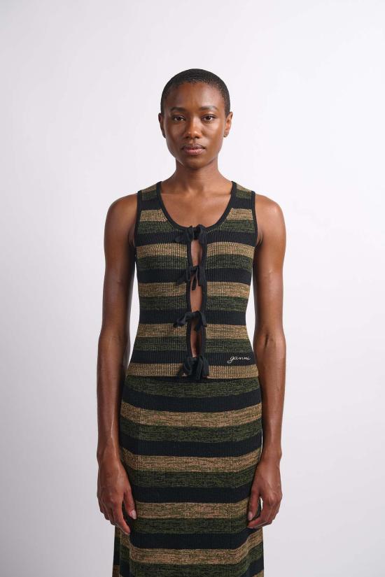  가니 민소매 티셔츠 미니 골지 메리노 타이  멀티컬러