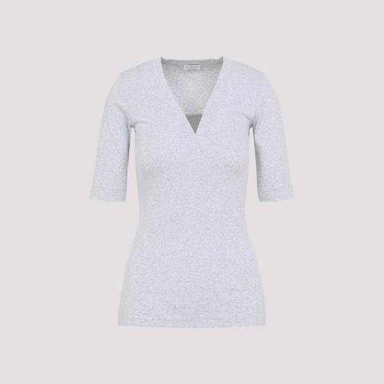  브루넬로 쿠치넬리 반팔 티셔츠 V넥 골지 티셔츠 실버 - BRUNELLO CUCINELLI