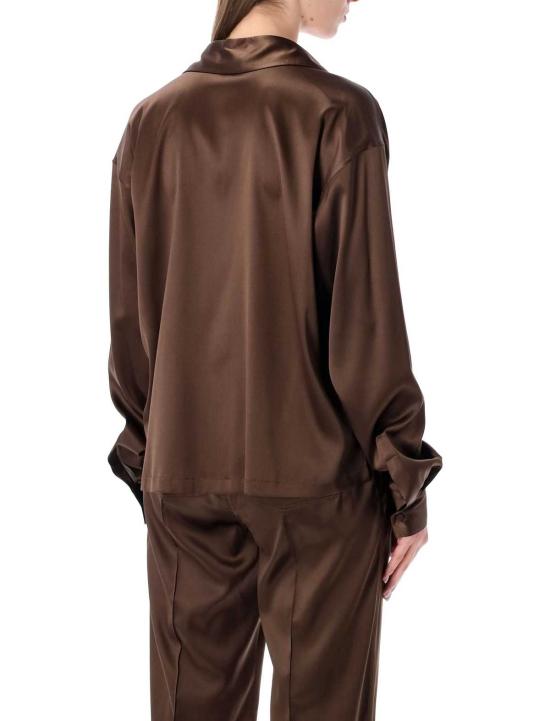  톰포드 반팔 티셔츠 톰 포드 실크 새틴 폴로 셔츠, 톤온톤 TF 로고, 시나몬 색상 - TOMFORD