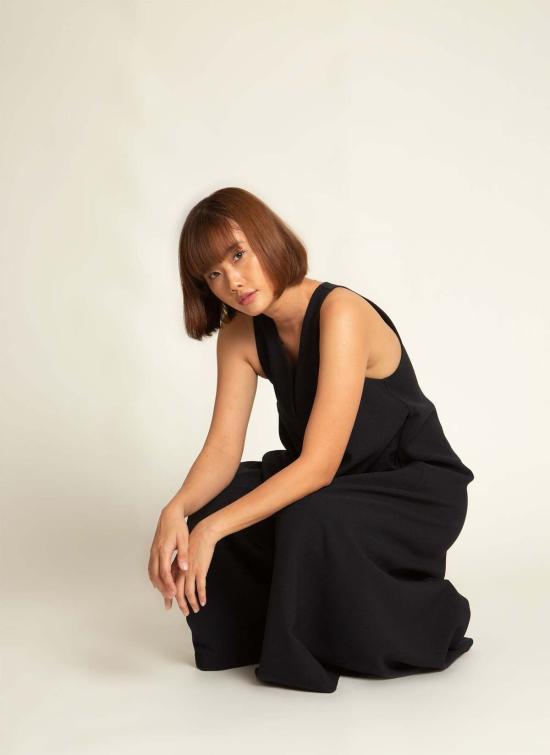  KAAREM 롱 원피스 Kaarem Diagonal Xéo A 라인 포켓 드레스 블랙 블루 - KAAREM