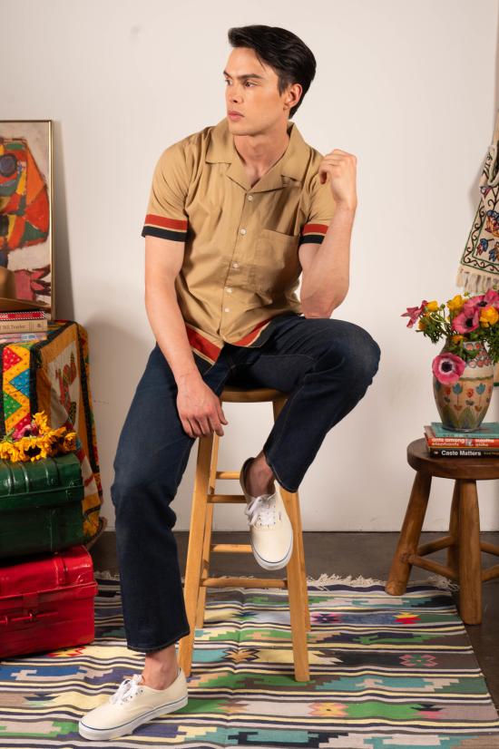  DUSHYANT. 반팔 셔츠 두샨트. 돈 캠프 칼라  카키 아이비 스트라이프 - DUSHYANT