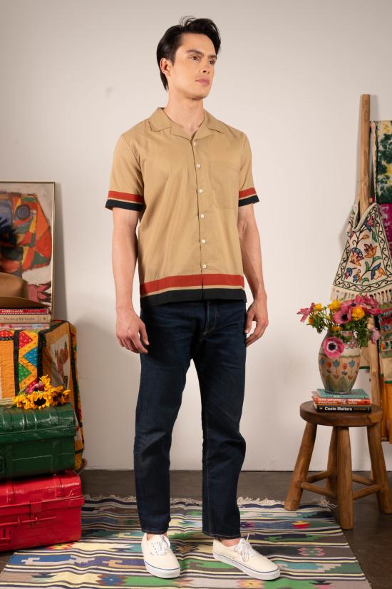  DUSHYANT. 반팔 셔츠 두샨트. 돈 캠프 칼라  카키 아이비 스트라이프 - DUSHYANT
