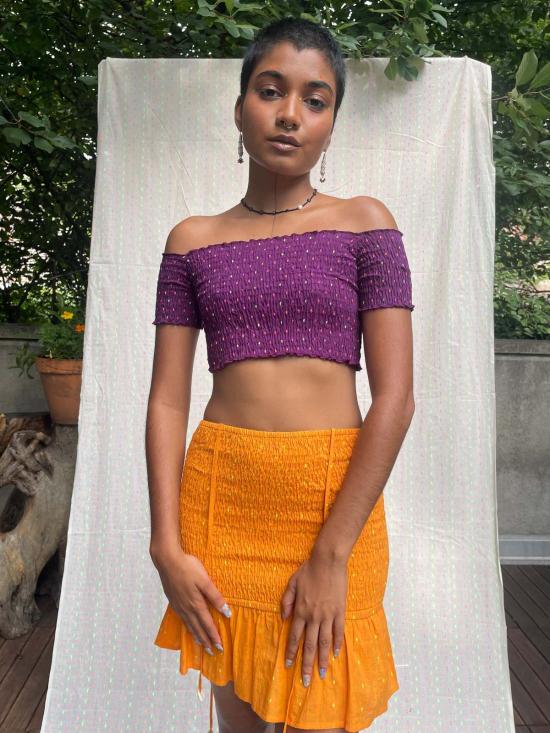  아바카시 민소매 티셔츠 스모크 오프숄더 탑 - ABACAXI