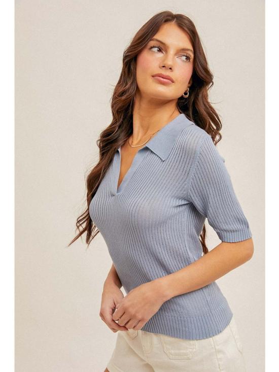  Hem&Thread 반팔 티셔츠 Brinna 니트 폴로 셔츠 블루 - OTHER BRANDS