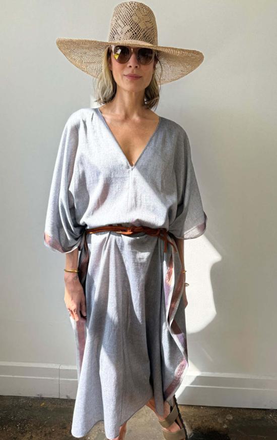  투 롱 원피스 V넥 카프탄 (회색/청동색)