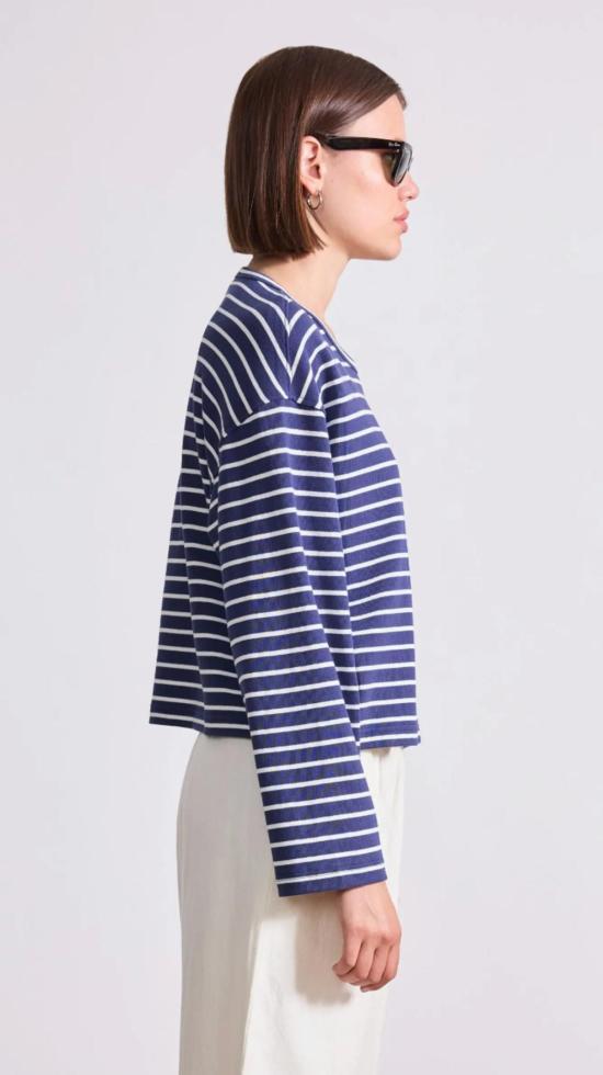  어피스 어파트 반팔 티셔츠 Apiece Apart 박시 티셔츠 네이비 & 크림 스트라이프 - APIECE APART