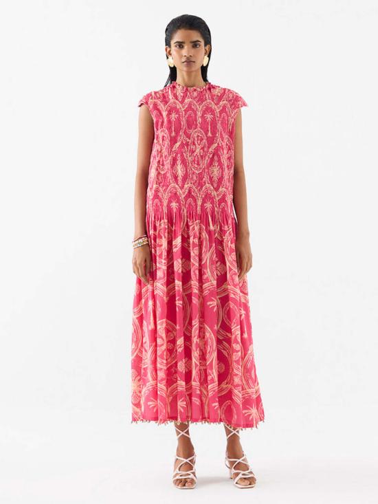  이키비 롱 원피스 Ikkivi 아레카 팜 루칭 드레스 핑크