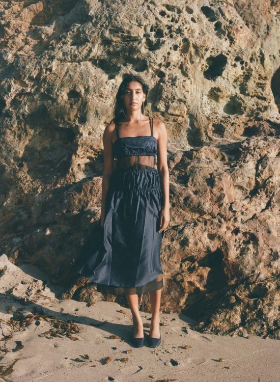  Pari Desai 브라 파리 데사이 엘간 새틴 렛 네이비