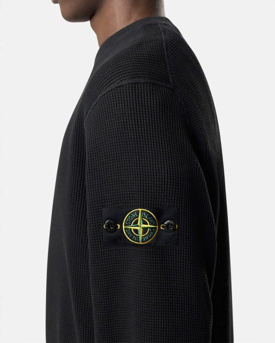  스톤 아일랜드 긴팔 티셔츠 오가닉 코튼 와플 플리스 크루넥 스웨트셔츠 블랙 - STONE ISLAND