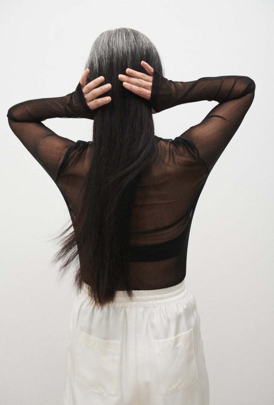  실크 런드리 긴팔 티셔츠 실크 세탁망사 긴팔 상의 블랙 - SILK LAUNDRY