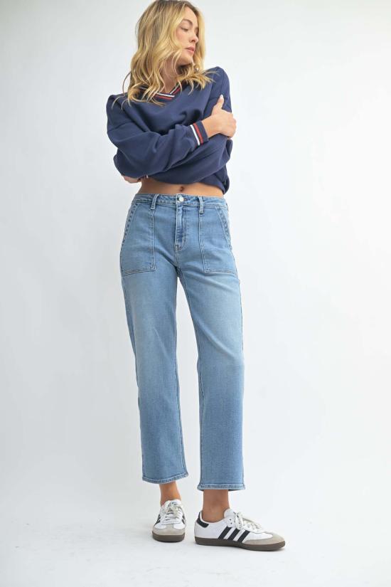  저스트 블랙 데님 데님 팬츠 유틸리티 포켓 스트레이트 진 - JUST BLACK DENIM