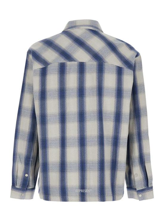  리프레젠트 긴팔 셔츠 클래식 칼라와 전체 체크 무늬가 돋보이는 면 혼방 소재의 블루 를 소개합니다. - REPRESENT