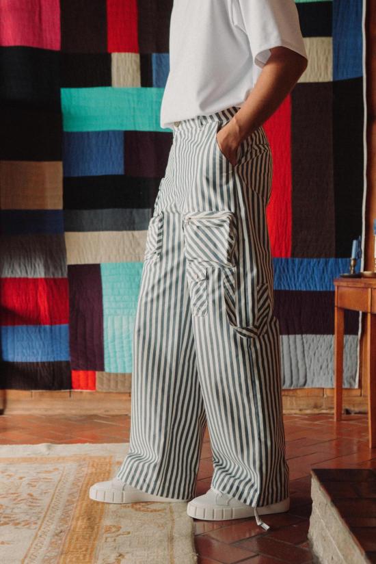  기예르모 브라보 스트레이트 팬츠 프랭크 와이드 스트라이프 팬츠 (검정/녹색) - GUILLERMO BRAVO