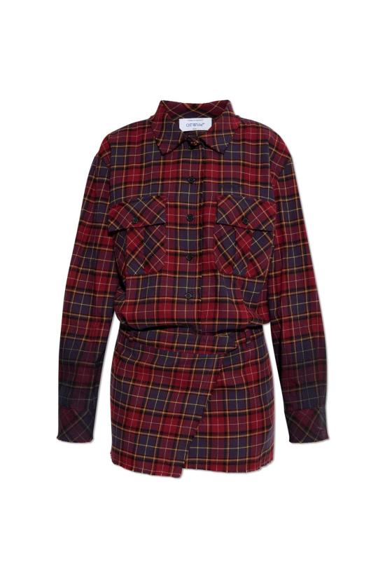  오프화이트 숏 원피스 체크무늬 버튼업 드레스