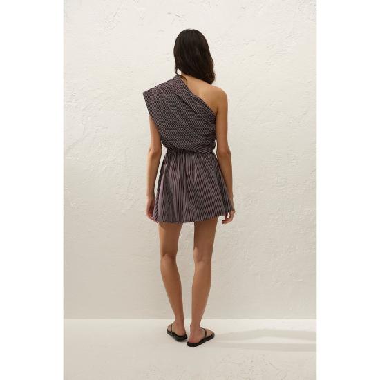  페이스풀더브랜드 숏 원피스 페이스풀 더 브랜드 에스텔 드레스 로시오 핀스트라이프 초콜릿 플럼 - FAITHFULL THE BRAND