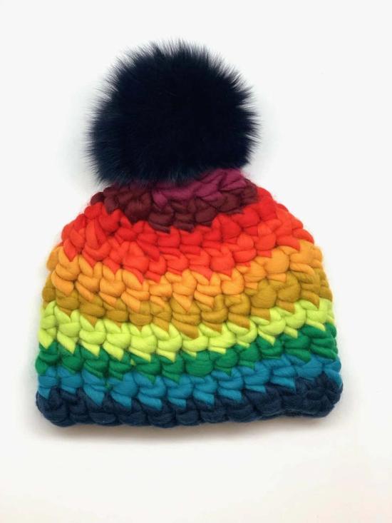  미샤램퍼트 모자 미샤 램퍼트 키즈 레인보우 스트라이프 비니 + 네이비 XL 폼폼
