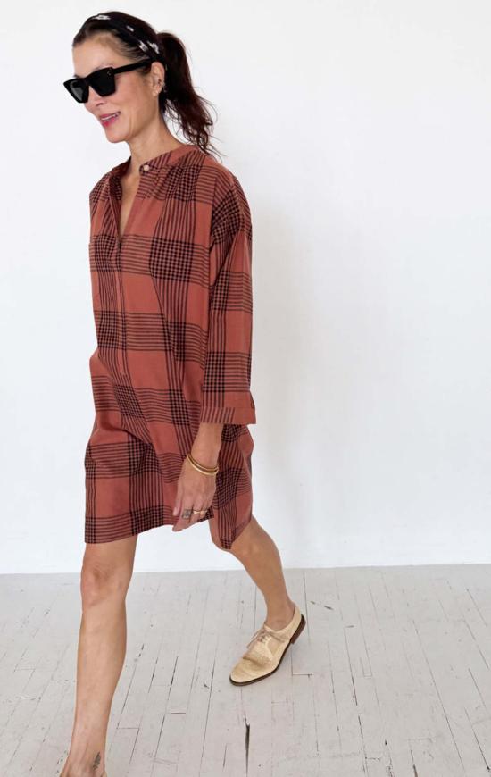  투 튜닉 테라코타 체크무늬 긴팔 버튼  (2개)