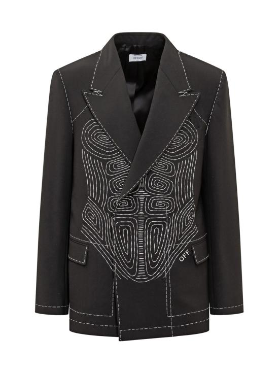  오프화이트 수트 자켓 바디 스티치 턱시도 더블 브레스트 재킷 블랙