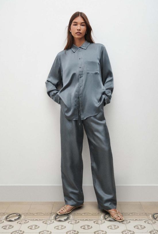  실크 런드리 블라우스 보이프렌드 셔츠 슬레이트