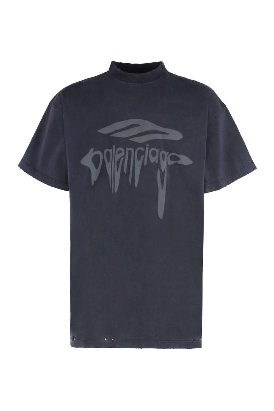  발렌시아가 반팔 티셔츠 코튼 크루넥 티셔츠, 워싱 처리된 블랙