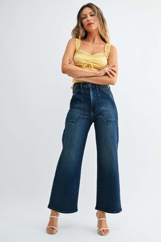  저스트 블랙 데님 데님 팬츠 패치 포켓 와이드 레그 - JUST BLACK DENIM