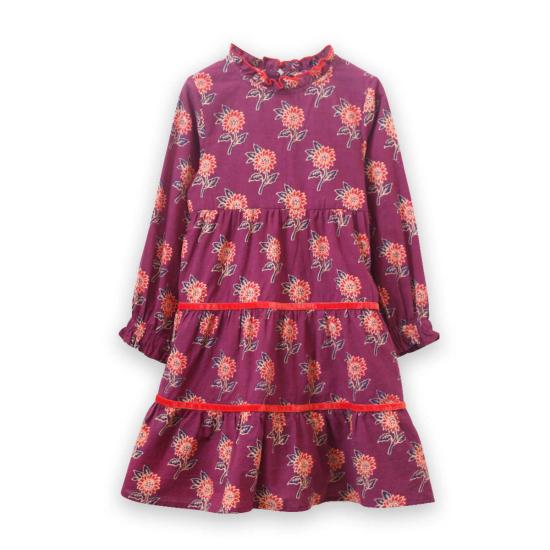  [키즈] Beet World 원피스 키즈 비트 월드 벨벳 트리밍 긴팔 티어드 스커트 드레스 (보라색/빨간색) - BEET WORLD