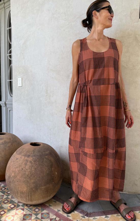  Two 롱 원피스 투 플래드 버블 비치 드레스 테라코타 플래드 - TWO