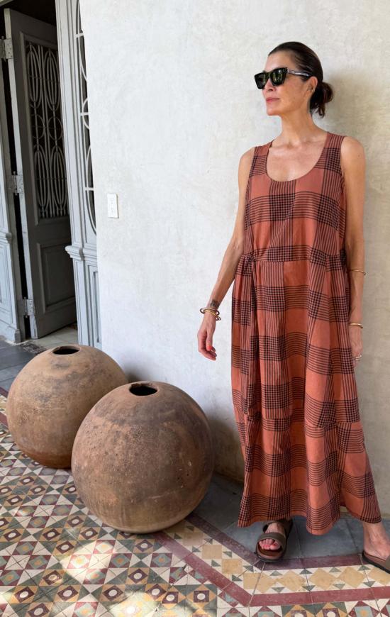  Two 롱 원피스 투 플래드 버블 비치 드레스 테라코타 플래드 - TWO