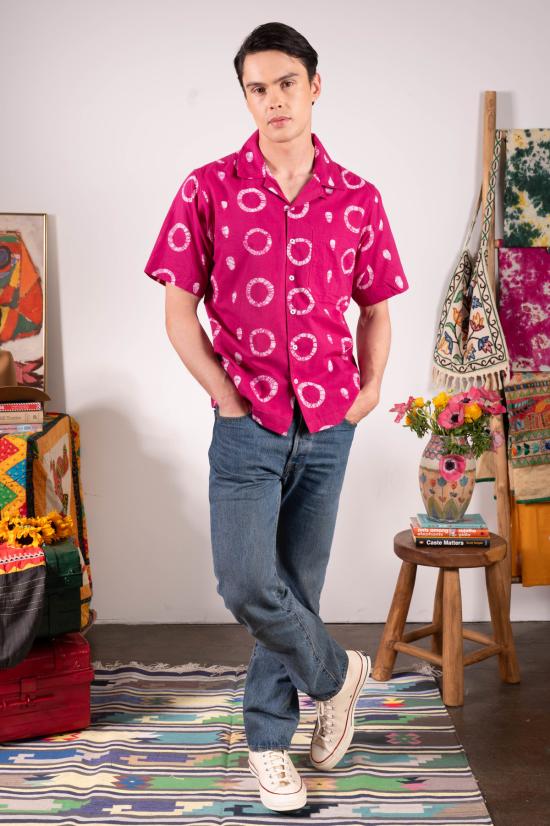  DUSHYANT. 반팔 셔츠 두샨트. 핸드 블록 프린팅 '더 돈' 캠프 칼라  마젠타 서클 아트 프린트 - OTHER BRANDS