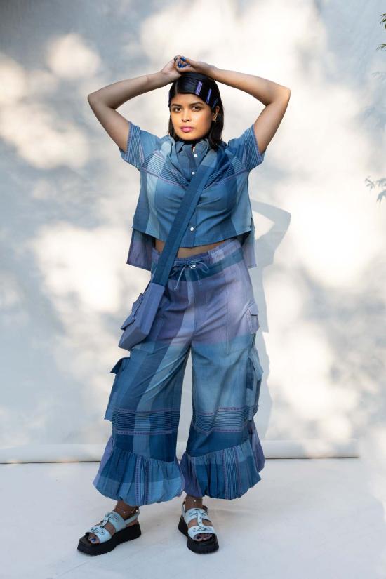  Abacaxi 데님 셔츠 아바카시 크롭 핸드룸 캠프 셔츠 - ABACAXI