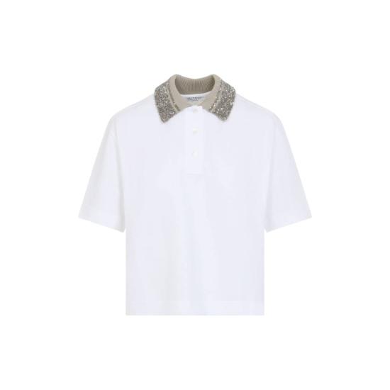  브루넬로 쿠치넬리 반팔 티셔츠 Brunello Cucinelli Paillettes 폴로 셔츠 화이트 - BRUNELLO CUCINELLI